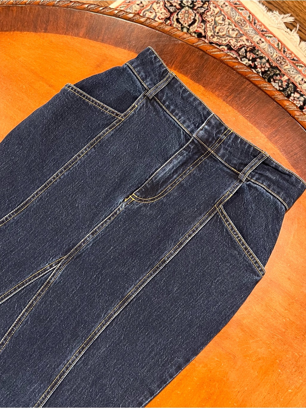 Pilcro x Anthropologie Fluted Denim Maxi Skirt Dark Wash 0 Stretch Seamed Jean - Picture 5 of 16